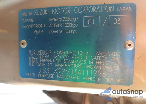 2003 Suzuki Xl-7 Ltd/Touring from USA, damaged, VIN JS3TX92V134111998